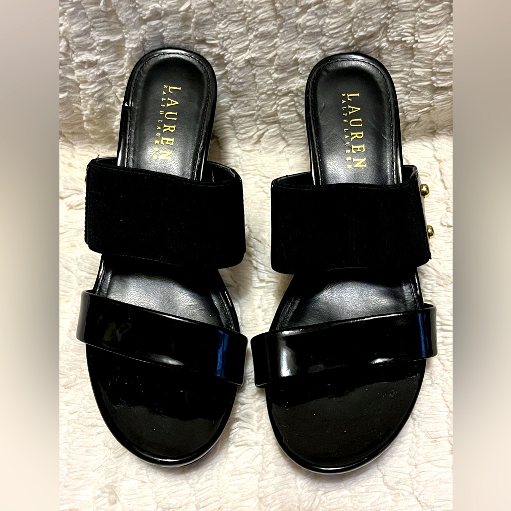 Lauren, Ralph Lauren Slip On Black Two Strap Sandals. Size 6b
